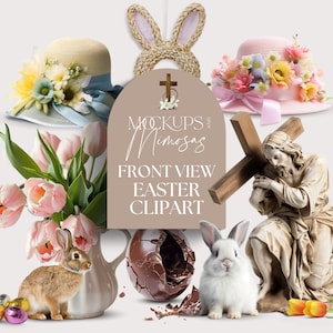 Op de afbeelding: Paasclipart met verschillende items, waaronder een konijn, een chocolade-ei, een kruis, een kuiken en bloemen. De tekst "Mockups & Mimosa" en "Front View Easter Clipart" staat op een bruin bord.