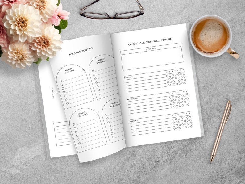 May include: A white planner with a black and white design. The planner has sections for "My Daily Routine" and "Create Your Own "XYZ" Routine".