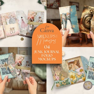 May include: Four different mockup designs for junk journals. Each design features a different style of journal with various embellishments, including butterflies, flowers, and vintage-inspired elements. The mockups are displayed on a variety of surfaces, including wood and fabric.