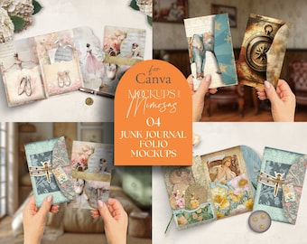 Junk Journal Folio Mockup, Antique Overlays, Canva Templates (Digital)