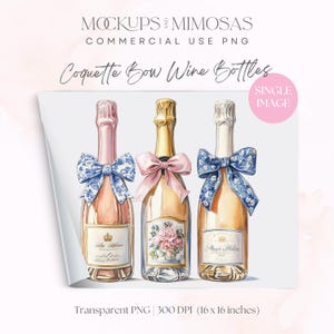 Watercolor Bubbly Bottles with Coquette Bows | Preppy Social Club Design | Sublimation graphic | Grandmillennial PNG.