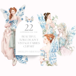 Toile Fee Clipart Bundle | Rokoko Garten Feen mit Flügel | Vintage Blumen Schmetterling Sprite Grafiken | Pastell PNGs.