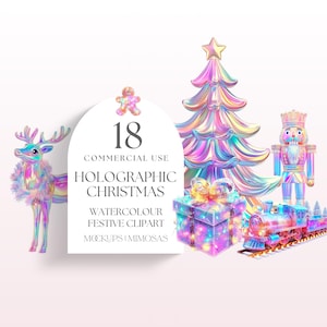 Clipart HOLOGRÁFICO DE NATAL – 18 gráficos festivos de brilho natalino com quebra-nozes, enfeites, doces, brinquedos e muito mais.