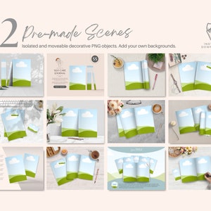 May include: Twelve pre-made scenes featuring a mock-up of a journal with a green and blue landscape design. The journal is shown in various settings, including a desk with a keyboard, a table with a cup of coffee, and a table with a bouquet of flowers. The text "SELF CARE JOURNAL" is visible on the cover of the journal.