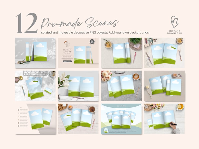 May include: Twelve pre-made scenes featuring a mock-up of a journal with a green and blue landscape design. The journal is shown in various settings, including a desk with a keyboard, a table with a cup of coffee, and a table with a bouquet of flowers. The text "SELF CARE JOURNAL" is visible on the cover of the journal.