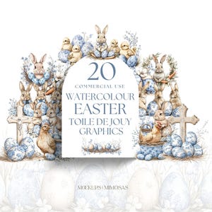 PASEN aquarel clipart. Elegante blauwe en beige Toile de Joy-konijntjes, kuikens, eieren en bloemenillustraties. Commercieel gebruik van png-bestanden.