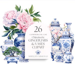 Chinoiserie Ginger Jars CLIPART: Watercolor Delft Blue Vases (PNG)