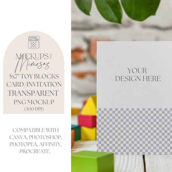 Toy Block Invitation Mockup. 5x7 inch Card. Kid's Birthday Mockup. Happy primary colours. Transparent PNG photo overlay.