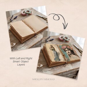 May include: Open brown leather journal mockup with two smart object layers for adding your own design. The journal is on a wooden table with a vintage aesthetic.