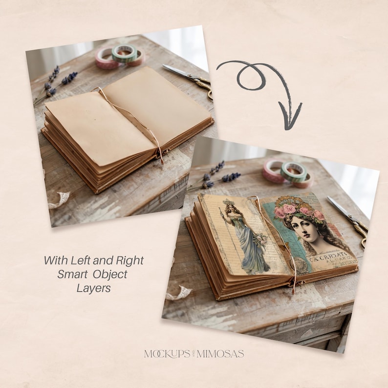 May include: Open brown leather journal mockup with two smart object layers for adding your own design. The journal is on a wooden table with a vintage aesthetic.