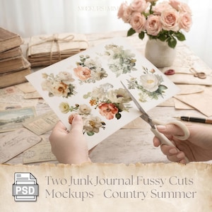 Junk Journal Fussy Cut PSD Mockup. Shabby Chic Ephemera. Scissors Cutting Paper with Smart Objects.