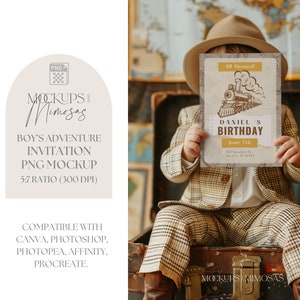 Reiseeinladung Mockup. 5x7 inch Karte. Jungen Abenteuer Reise Party Mockup. Vintage in aller Welt. Transparentes PNG-Overlay.
