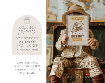 Travel Invitation Mockup. 5x7 inch Card. Boy's Adventure Travel Party Mockup. Vintage around the world. Transparent PNG overlay.