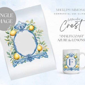 Acuarela Mediterráneo Limones Boda CREST: Cítricos y hojas Heráldica clipart, Azul y Amarillo. PNG único.