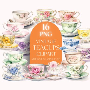 Imágenes prediseñadas de taza de té de acuarela. Imágenes prediseñadas Cottagecore de estilo vintage. Gráficos PNG de la Fiesta del Té Pastel. Uso comercial.