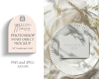 Blank Landscape Invitation/Menu Photoshop Mockup. 7x5" Wedding Stationery Card Smart object PSD. Elegant Neutral beige aesthetic.