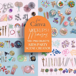 Puede incluir: Una colección de objetos PNG con temática de fiesta, que incluye caramelos, palomitas de maíz, platos y elementos decorativos. La imagen presenta el texto "for Canva Mockups & Mimosas 100+ PNG Objects Kids Party Scene Creator."