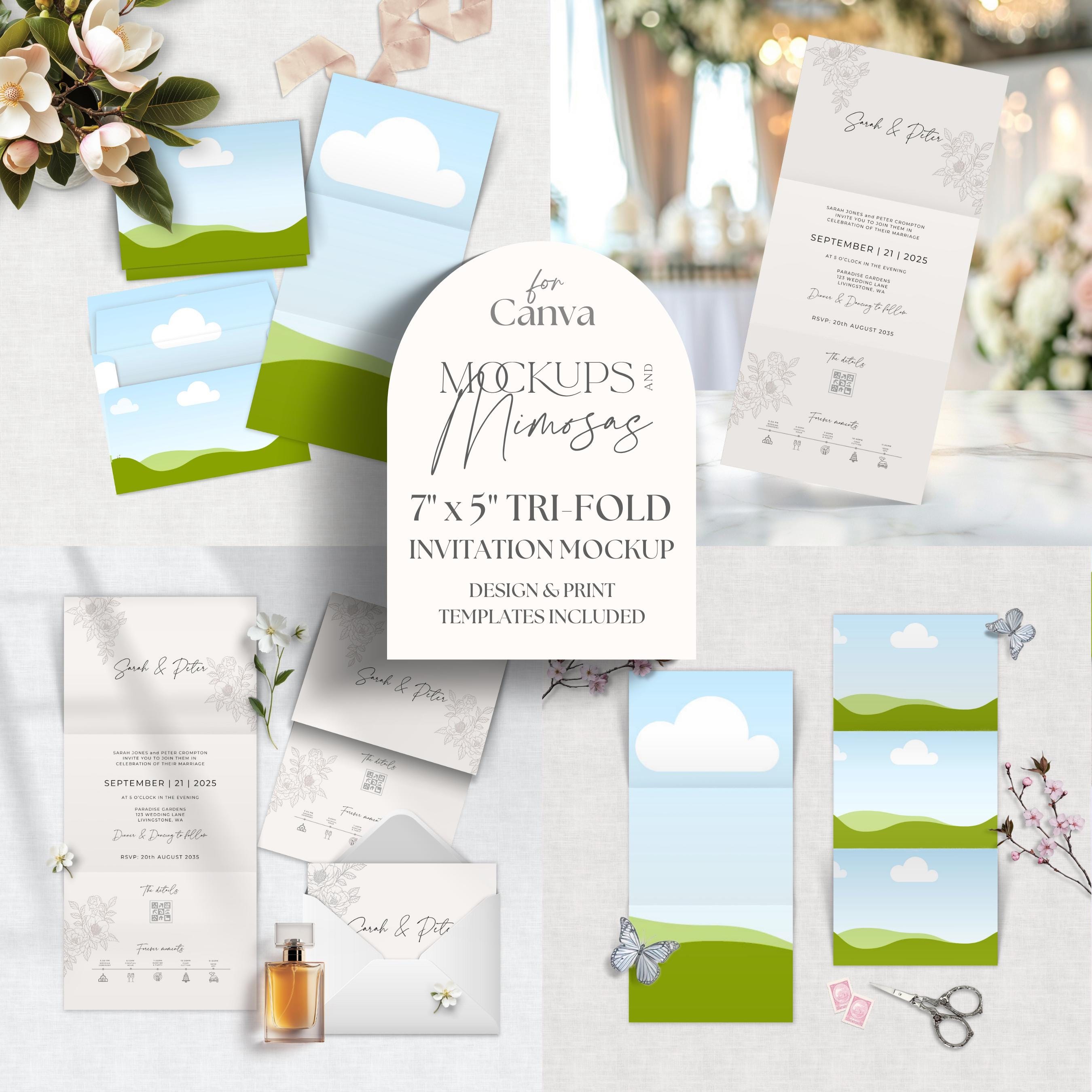 Tri-fold Invitation Mockup CANVA. Concertina fold Wedding and event Stationery template. 7 x 5" finished folded size.