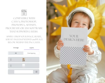 Little Astronaut Invitation Mockup. 5x7 ratio Card. Baby first trip around the Sun Birthday Party Sign Mockup. Transparent PNG overlay.