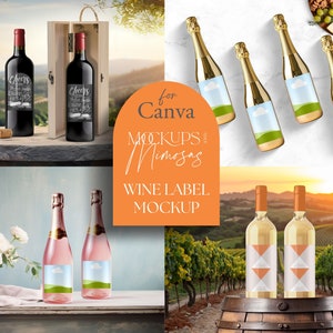 ワインボトルのラベル モックアップ、CANVA。お祝いラベル。印刷可能なステッカー モックアップ、ドラッグ アンド ドロップ デザイン。独自の背景を追加します。