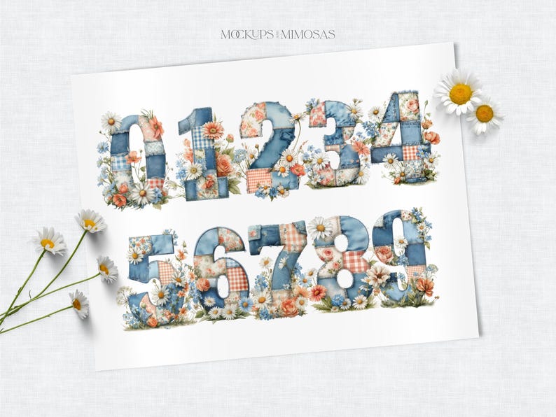 Patchwork Numbers 90 Patchwork Numbers Clipart: Denim & Daisies Numerals (PNG Digital ...