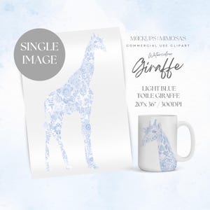Clipart GIRAFE. Toile De Joy, Motif Chinoiserie . Grand format 20 x 36 po. Clipart aquarelle animal Safari bleu clair. PNG unique.