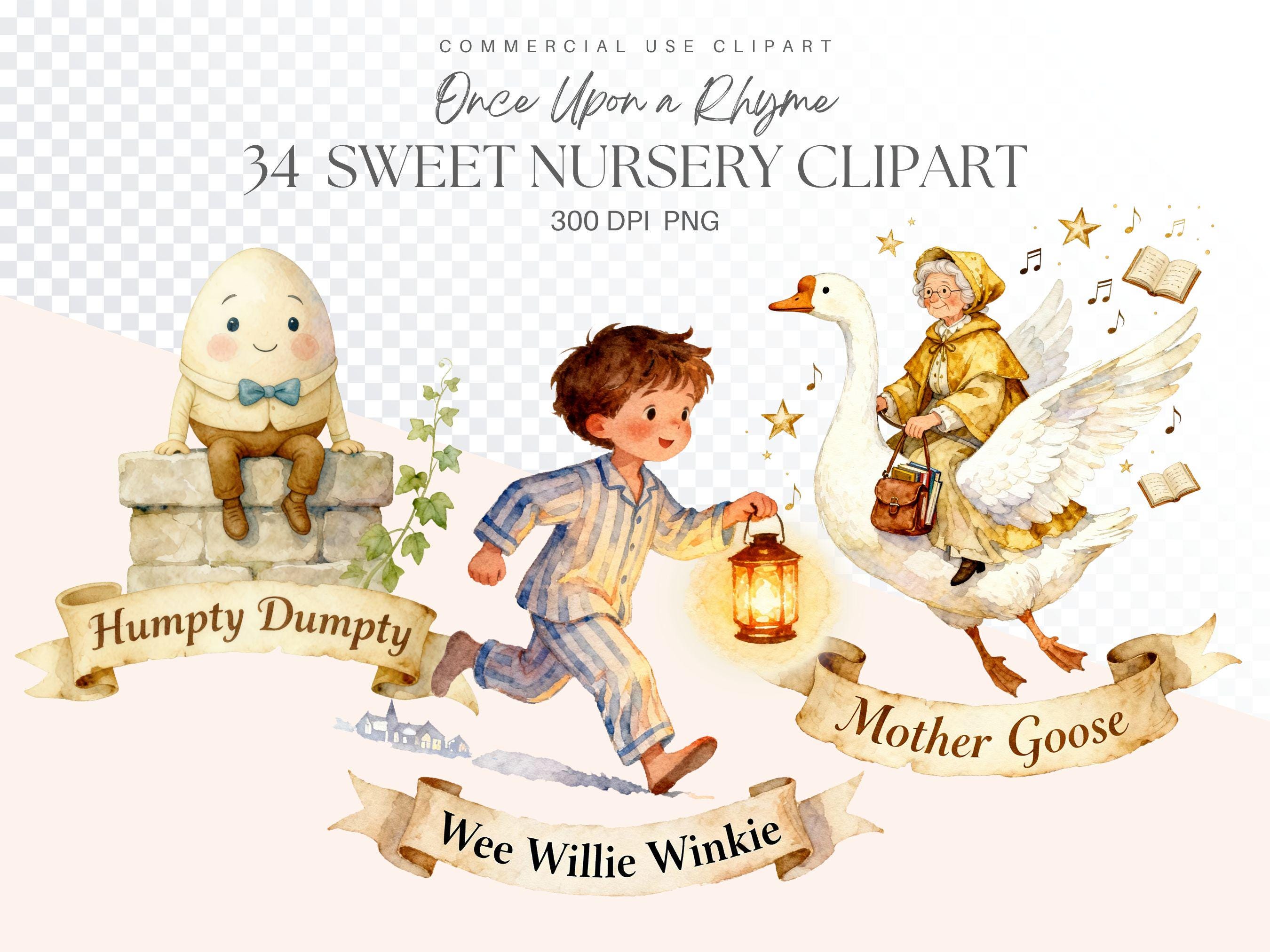 Nursery Rhyme Clipart. Mother Goose Vintage Storybook Watercolor Pngs ...