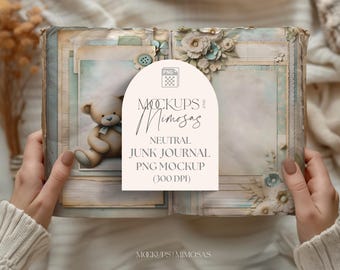 Junk Journal Digital Papers Mockup. Hands holding an open book. Neutral Boho background. Transparent PNG overlay.