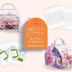 Geldbörse Stil 11 Unzen Becher Box. Bearbeitbare CANVA-Vorlage und SVG-Dateien. DIY Cup Geschenkbox im Handtaschenstil.