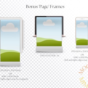 Peut inclure: Trois maquettes d'un cadre de page avec un fond de ciel et de collines vertes. Les cadres sont pour une tablette, un ordinateur portable et un smartphone. Le texte sur l'image indique "Bonus 'Page' Frames" et inclut les dimensions des cadres.