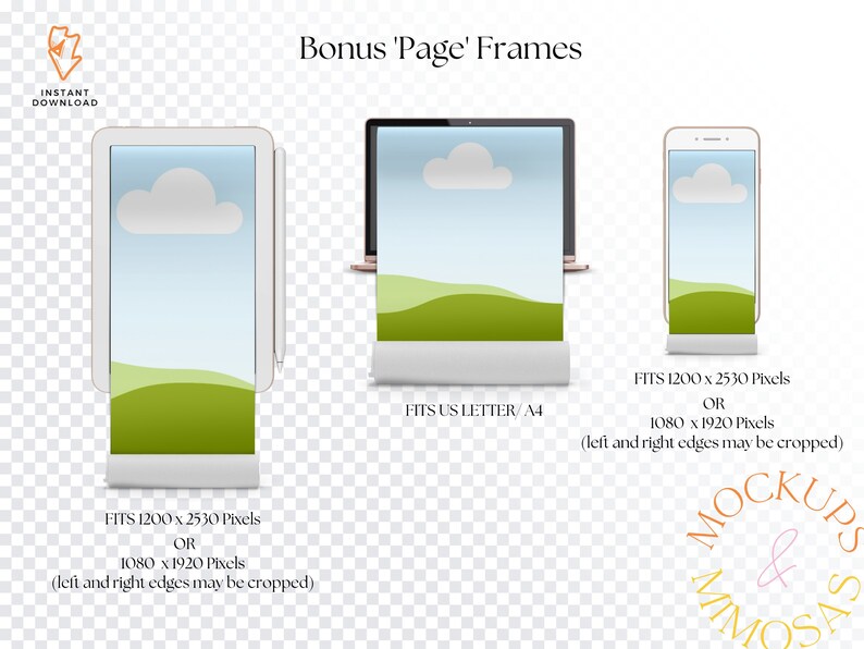 Peut inclure: Trois maquettes d'un cadre de page avec un fond de ciel et de collines vertes. Les cadres sont pour une tablette, un ordinateur portable et un smartphone. Le texte sur l'image indique "Bonus 'Page' Frames" et inclut les dimensions des cadres.