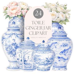 Op de afbeelding: Een verzameling blauw-witte Toile Ginger Jar clipart met bloemstukken. De potten hebben verschillende ontwerpen, waaronder figuren, landschappen en vissen. De afbeelding bevat de tekst "24 TOILE GINGER JAR CLIPART".