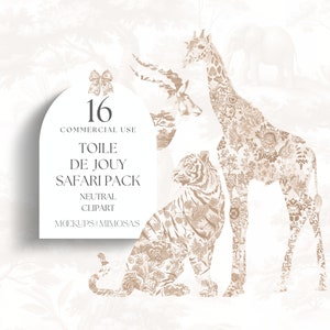 Clipart de animales de safari en Toile de Jouy. Elegante clipart africano/selva en acuarela en tonos topo neutros. PNG para uso comercial.