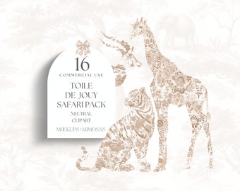 Toile De Jouy Safari Animals clipart. Neutral Taupe toned Watercolour African / Jungle elegant clipart. Commercial Use PNG&#39;s.