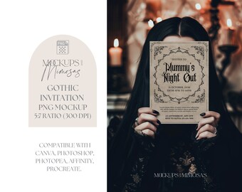 Gothic Girl Invitation/Sign Mockup. 5x7 inch Card.  Halloween Party stationery Mockup. Spooky Season Witch. Transparent PNG overlay.