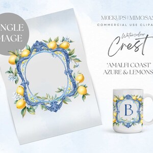 Aquarela mediterrânea única CRISTA Clip Art: Gráfico de Crista de Casamento com tema de limão e flor, Azul e Amarelo. Imagem PNG única.