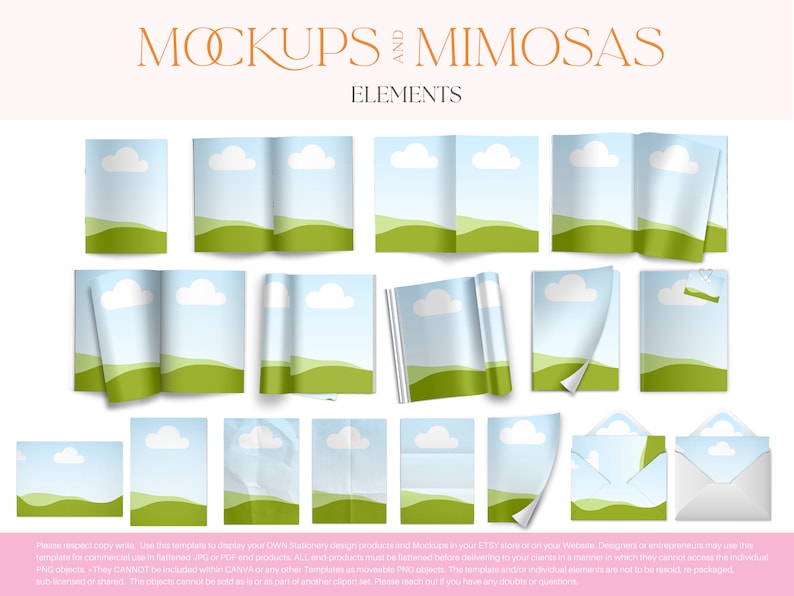 May include: A set of 18 mockups featuring different views of a folded brochure with a green and blue landscape design. The mockups are perfect for showcasing stationery designs, branding, and marketing materials.