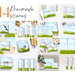 May include: A set of 14 pre-made digital paper scenes featuring a blue sky with white clouds and green hills. The scenes are perfect for creating digital scrapbook pages, cards, and other paper crafts.