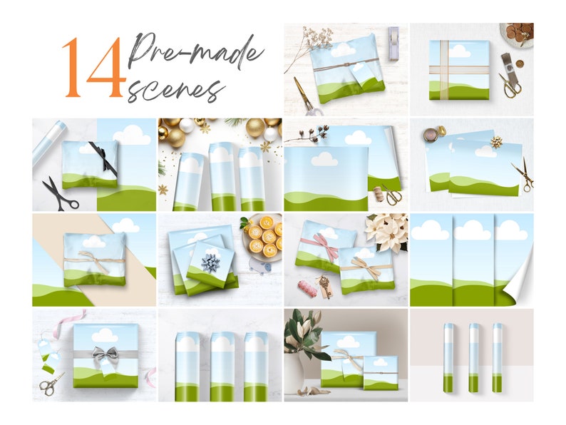 May include: A set of 14 pre-made digital paper scenes featuring a blue sky with white clouds and green hills. The scenes are perfect for creating digital scrapbook pages, cards, and other paper crafts.