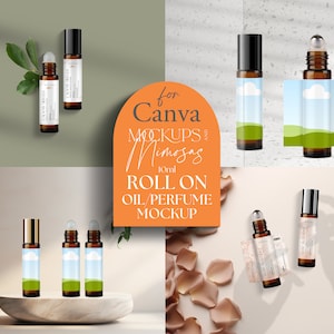 CANVA 10ml ROLL-ON Essential Oil Bottle Mockup. Perfume Bottle Mockup. Labels. Amber Glass Apothecary Bottle. Roller ball vial.