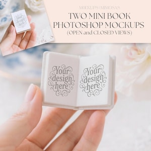 May include: Two mini book Photoshop mockups, one open and one closed, with the text "Your design here" on the pages. The image includes the text "MOCKUPS MIMOSAS" and "TWO MINI BOOK PHOTOSHOP MOCKUPS (OPEN and CLOSED VIEWS)".