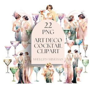 Op de afbeelding: Een set van 22 digitale clipart-afbeeldingen met Art Deco-stijl cocktails en vrouwen in vintage jurken. De afbeeldingen zijn in aquarelstijl en perfect voor het maken van uitnodigingen, feestdecoraties of andere projecten.