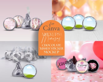 CANVA Chocolate KISSES Mockup. Party favour round stickers. Candy labels. Add your own background. Wedding and event mockup.