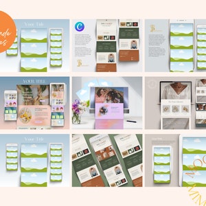 Peut inclure: Neuf maquettes pr&eacute;-con&ccedil;ues pour les sites Web et les m&eacute;dias sociaux. Les maquettes pr&eacute;sentent une vari&eacute;t&eacute; d'appareils, notamment des t&eacute;l&eacute;phones, des tablettes et des ordinateurs portables. Les maquettes sont plac&eacute;es sur diff&eacute;rents fonds, notamment un champ vert avec des nuages, un bureau avec un ordinateur portable et un fond blanc.
