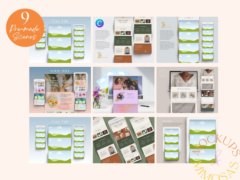 Peut inclure: Neuf maquettes pr&eacute;-con&ccedil;ues pour les sites Web et les m&eacute;dias sociaux. Les maquettes pr&eacute;sentent une vari&eacute;t&eacute; d'appareils, notamment des t&eacute;l&eacute;phones, des tablettes et des ordinateurs portables. Les maquettes sont plac&eacute;es sur diff&eacute;rents fonds, notamment un champ vert avec des nuages, un bureau avec un ordinateur portable et un fond blanc.