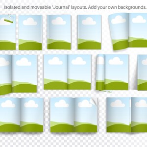 May include: Nine different layouts for a journal with a green grassy hill and a blue sky with white clouds. The journal is folded in half and has a white spine.