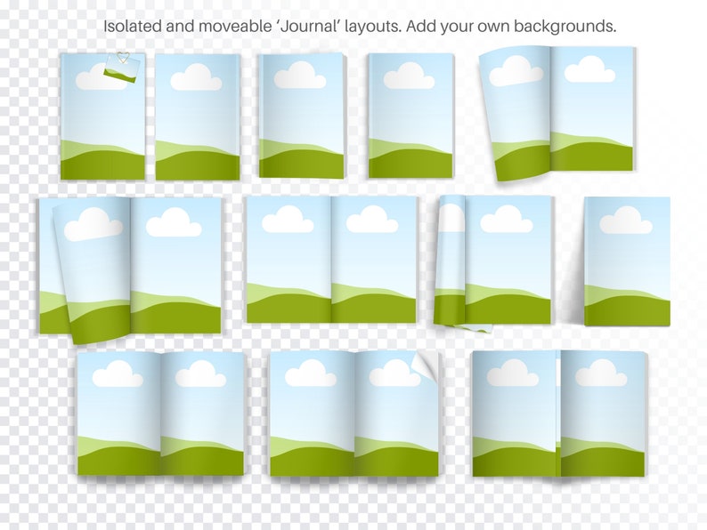 May include: Nine different layouts for a journal with a green grassy hill and a blue sky with white clouds. The journal is folded in half and has a white spine.