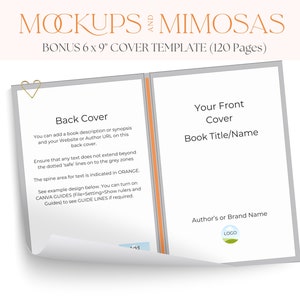 May include: Mockup of a 6x9 inch book cover template with 120 pages. The front cover has a gray background with the text "Your Front Cover" and "Book Title/Name". The back cover has a gray background with the text "Back Cover" and instructions for adding a book description, website or author URL, and ensuring text does not extend beyond the dotted lines.