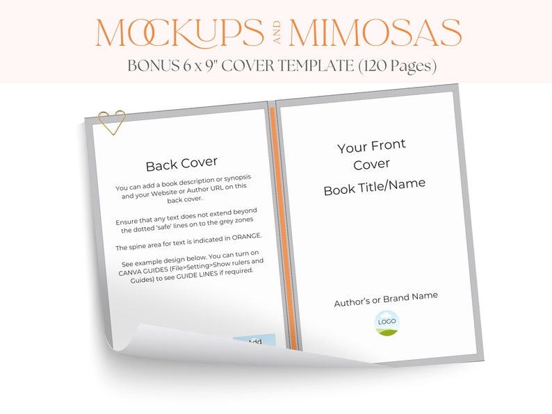 May include: Mockup of a 6x9 inch book cover template with 120 pages. The front cover has a gray background with the text "Your Front Cover" and "Book Title/Name". The back cover has a gray background with the text "Back Cover" and instructions for adding a book description, website or author URL, and ensuring text does not extend beyond the dotted lines.