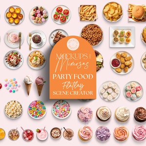 Creador de escenas de COMIDAS PARA FIESTAS. Objetos móviles realistas. Clipart de comida plano. Gráficos de dulces y golosinas. Añade tus propios fondos. PNG.